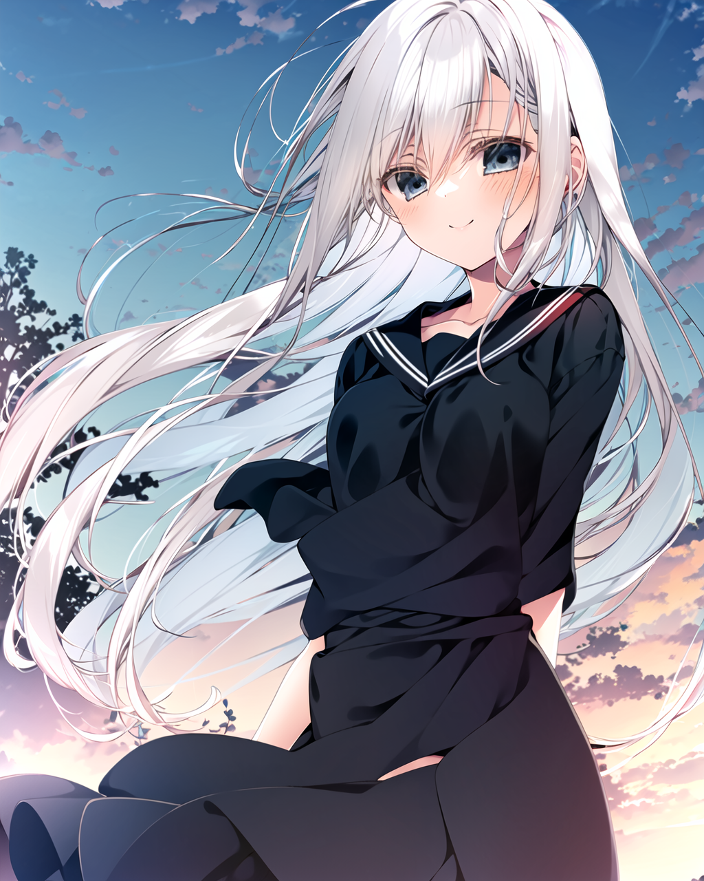 02832-2709727268-masterpiece, best quality, 1girl, solo, outdoors,blush, looking at viewer, serafuku, smile,grass,bangs,sky, blue sky, cloud, med.png